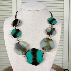 Modernist Turquoise & Smoky Gray Hexagonal Acrylic Geometric MCM Style Necklace